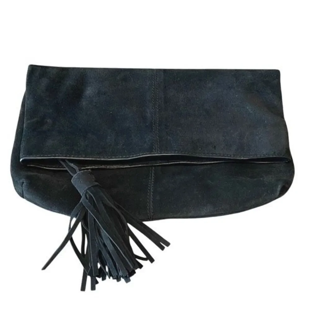 Leith Womens Suede Leather‎ Tassel Detail Zip Top Foldover Flap Clutch Black OS